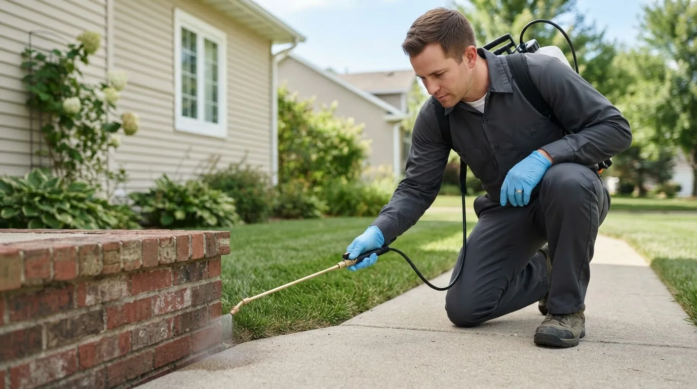 Pest control technician treating a home near West Stewartstown, NH